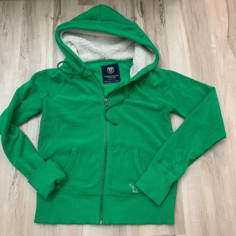 American Eagle Green Sherpa Lined Fleece Zip Up Hoodie Medium